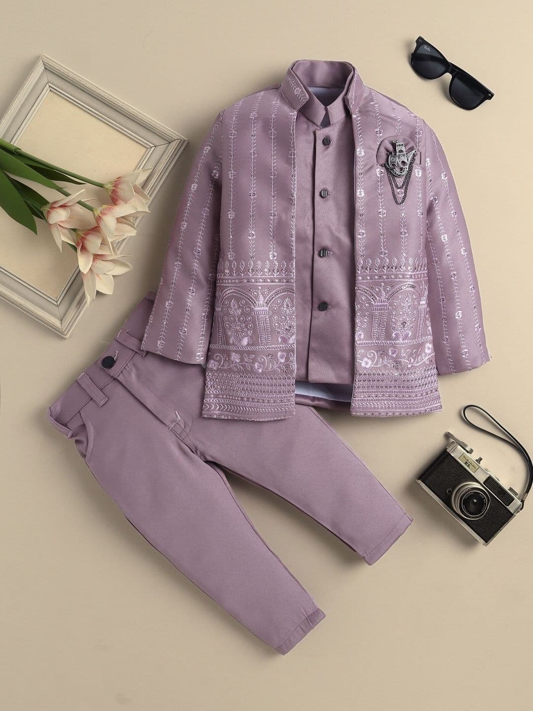 KALINI Boys Floral Embroidered Mandarin Collar Sherwani Set