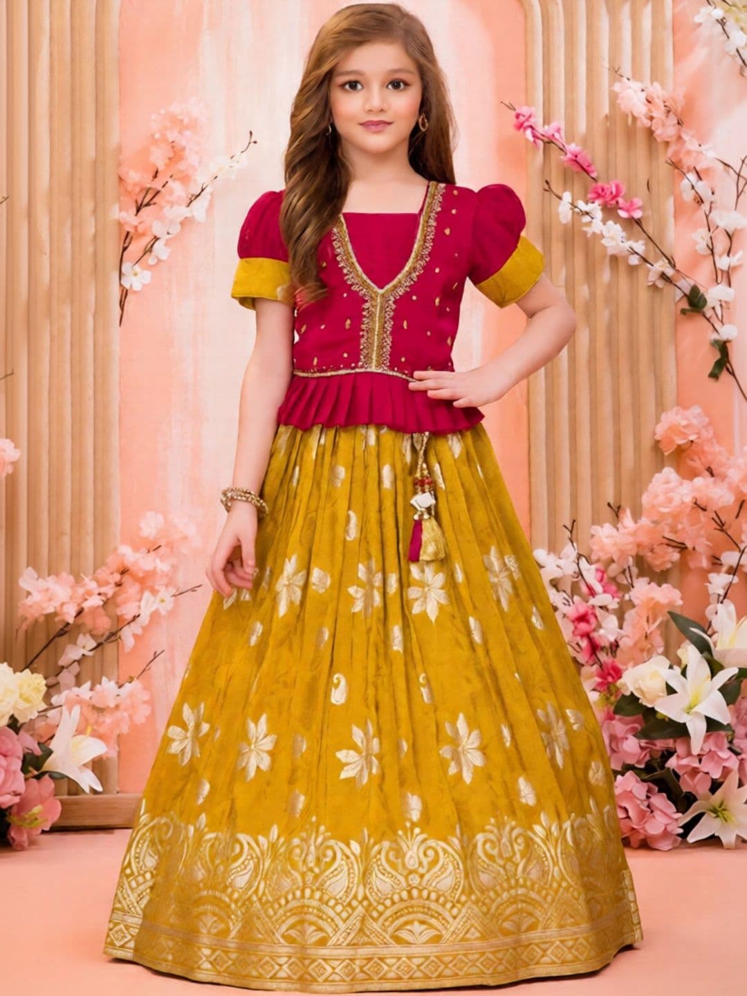 Lagorii Girls Embroidered Foil Print Ready to Wear Lehenga & - view 1