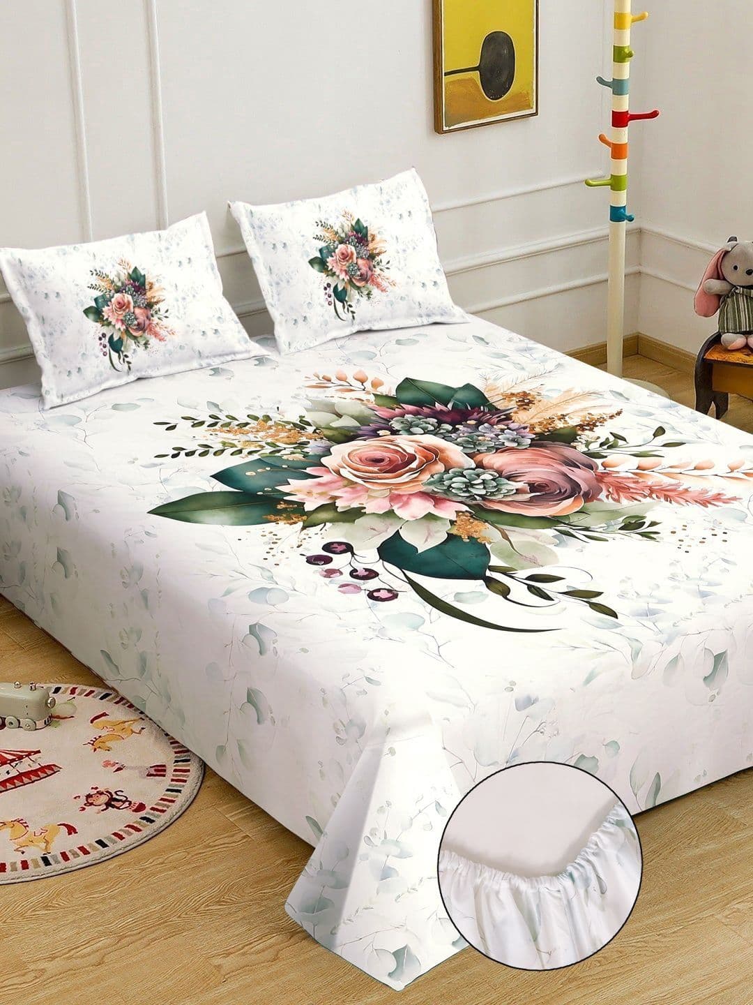 KLOTTHE White Floral Printed Fitted 7D 400 TC Double King Bedsheet With 2 Pillow Cover - view 1