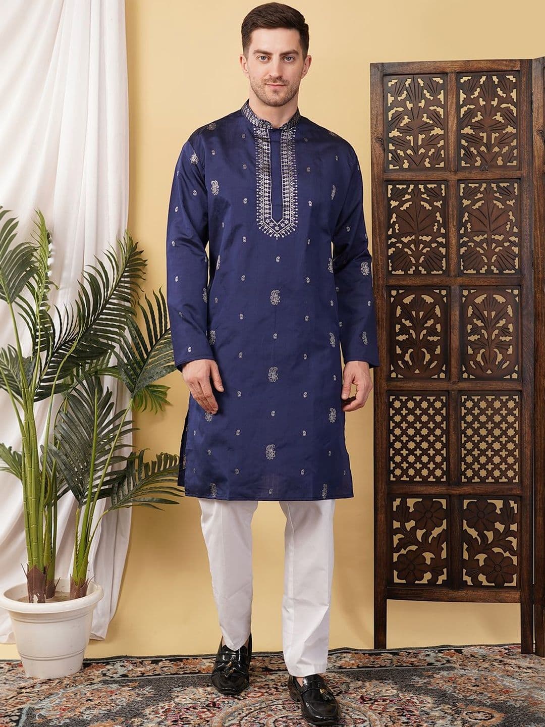 HERE&NOW Men Thread Work Jacquard Kurta - view 1