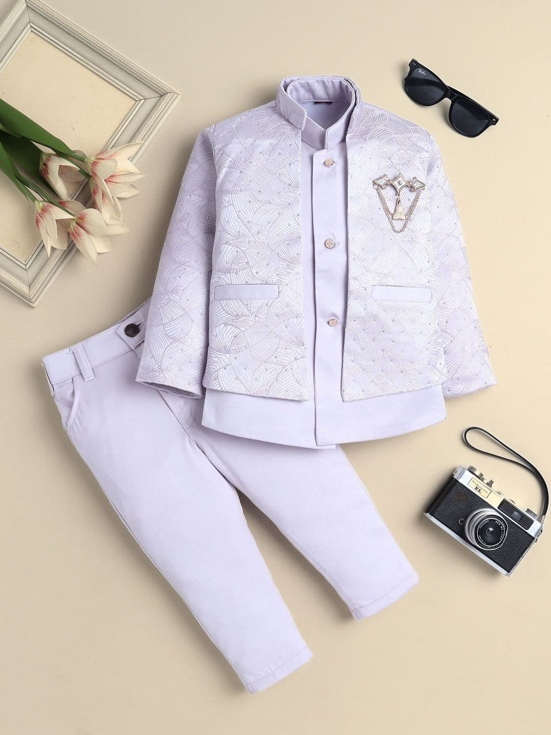KALINI Boys Floral Embroidered Mandarin Collar Sherwani Set - view 1