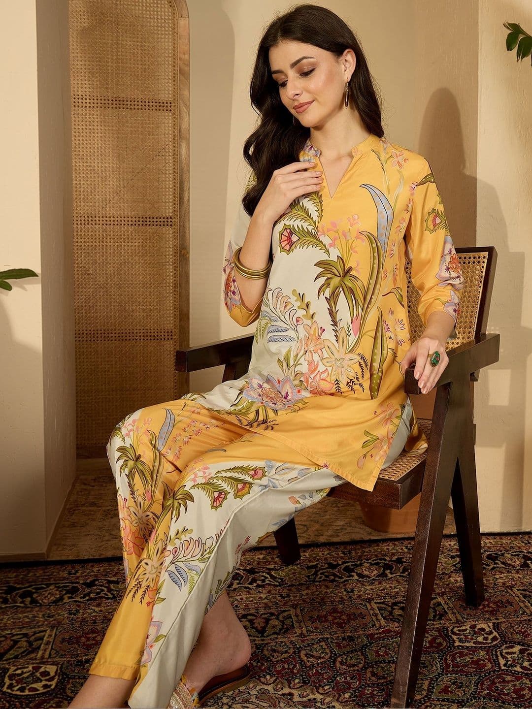 Sangria Printed Mandarin Collar Tunic & Palazzos Co-Ords - view 1
