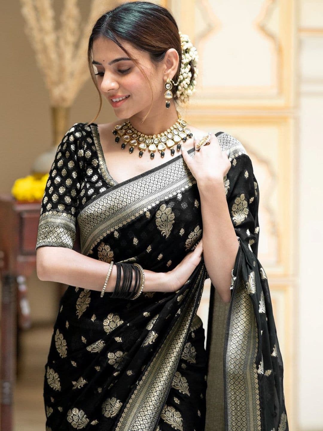 STYLENZA Ethnic Motifs Zari Satin Heavy Work Banarasi Saree - view 1