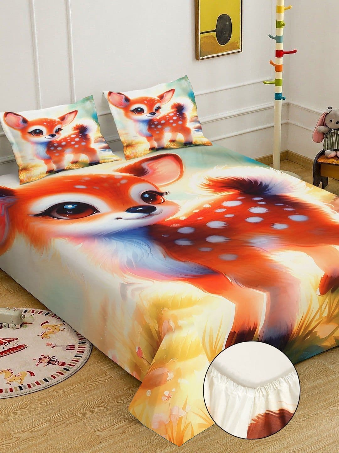 KLOTTHE Orange Cartoon Printed Fitted 7D 400 TC Double King Bedsheet With 2 Pillow Cover - view 1