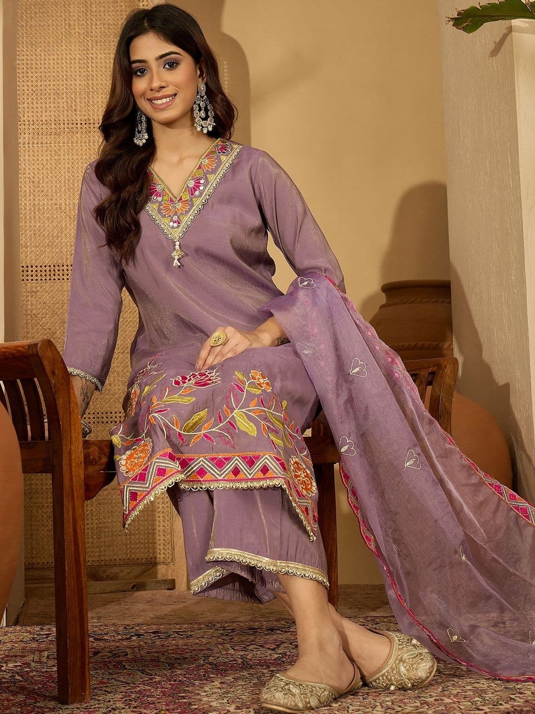 Sangria Embroidered V-Neck Kurta & Trousers Kurta Set - view 1