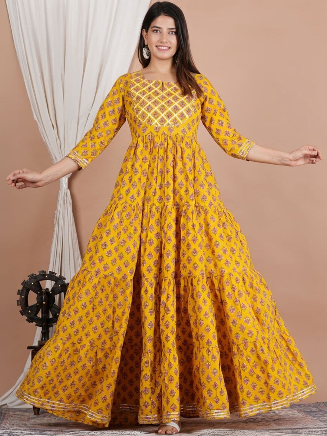 Navkriti Jaipur Ethnic Motifs Printed Mirror Work Pure Cotton Mirror Work Tiered Anarkali Kurti - view 1