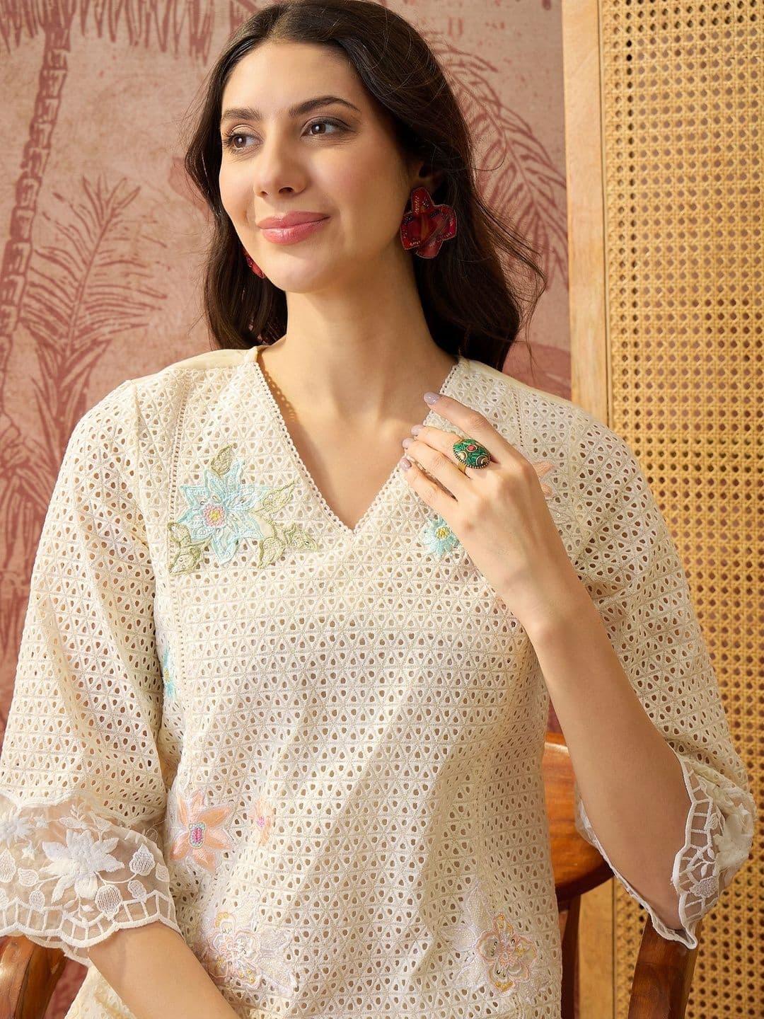 Sangria Embroidered Pure Cotton V-Neck Kurta & Trousers Kurta Set - view 1