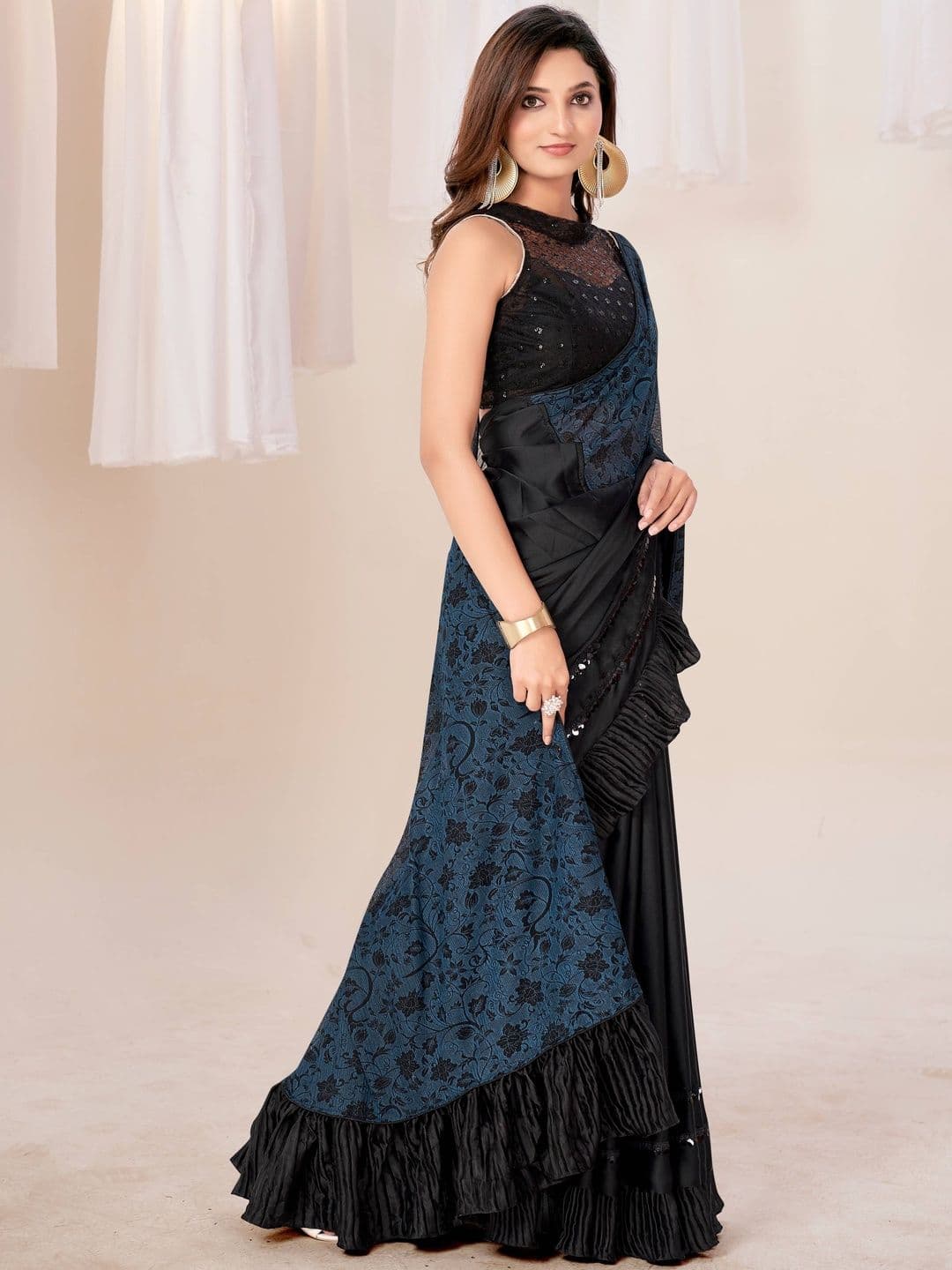 PRAVEENA DESIGNER Floral Velvet Half and Half Saree - view 1