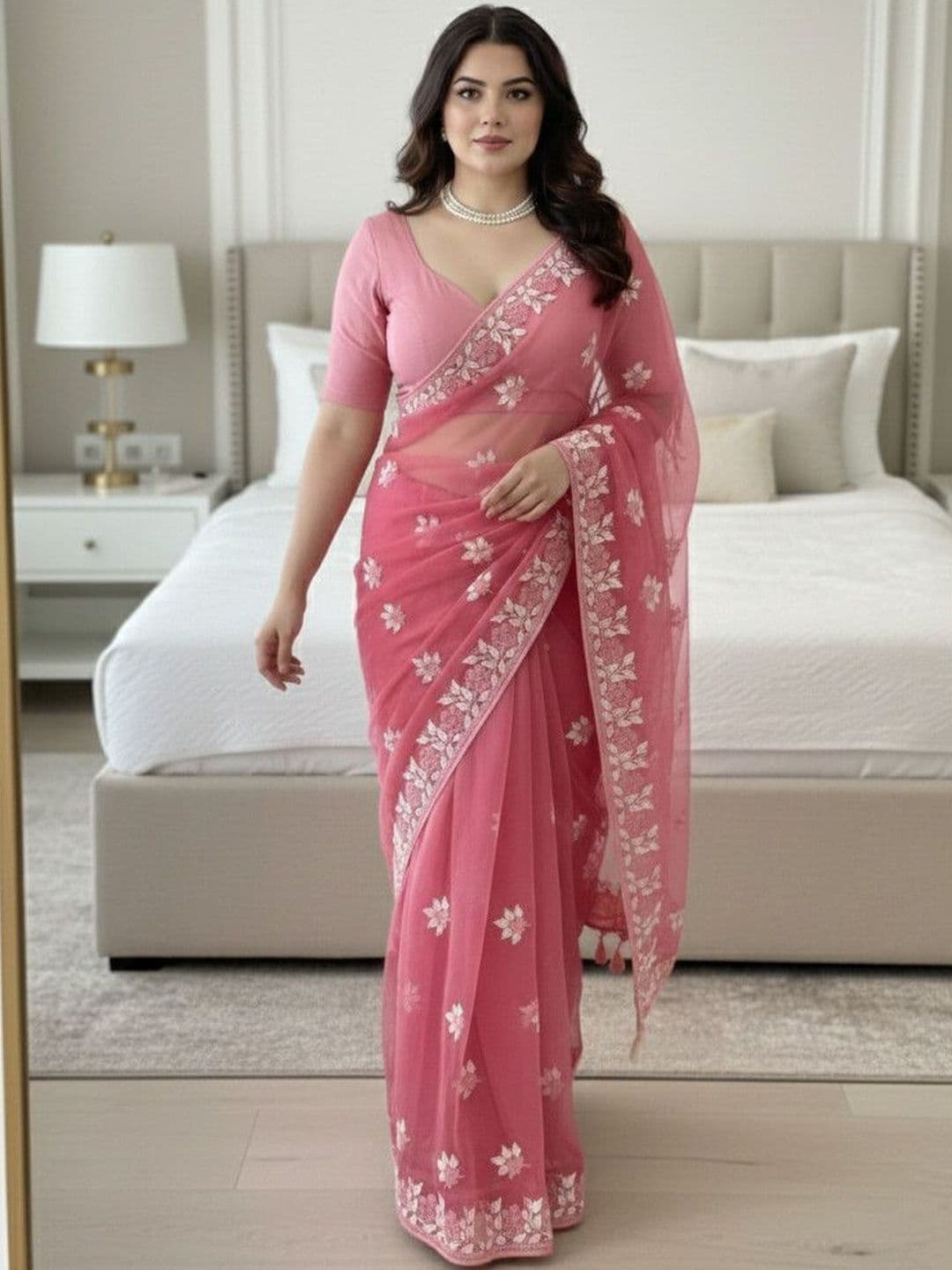 HERE&NOW Floral Embroidered Net Heavy Work Khadi Saree - view 1