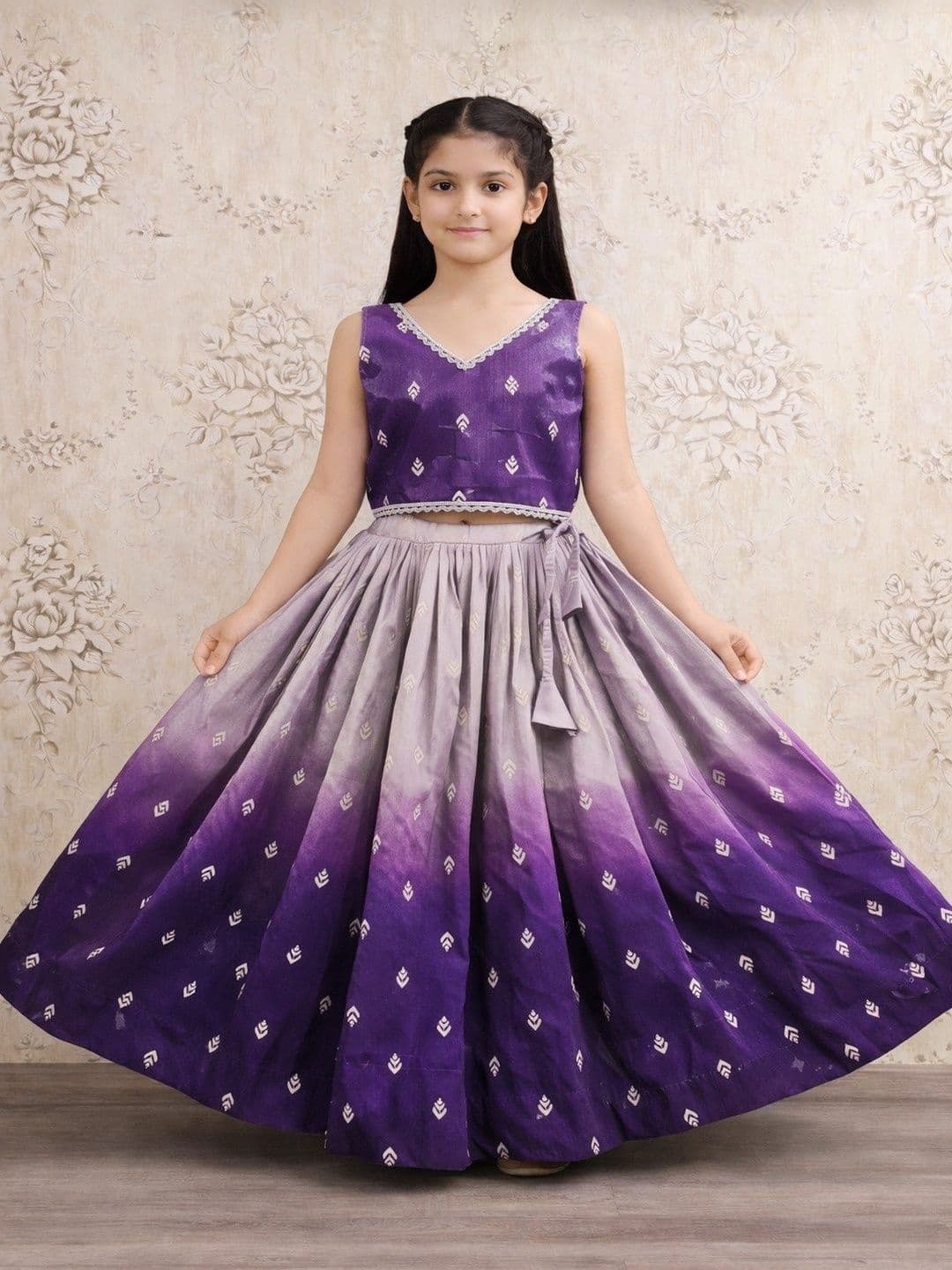 Helene Girls Ombre Printed Readymade Lehenga Choli with V-Neck Sleeveless Blouse - view 1