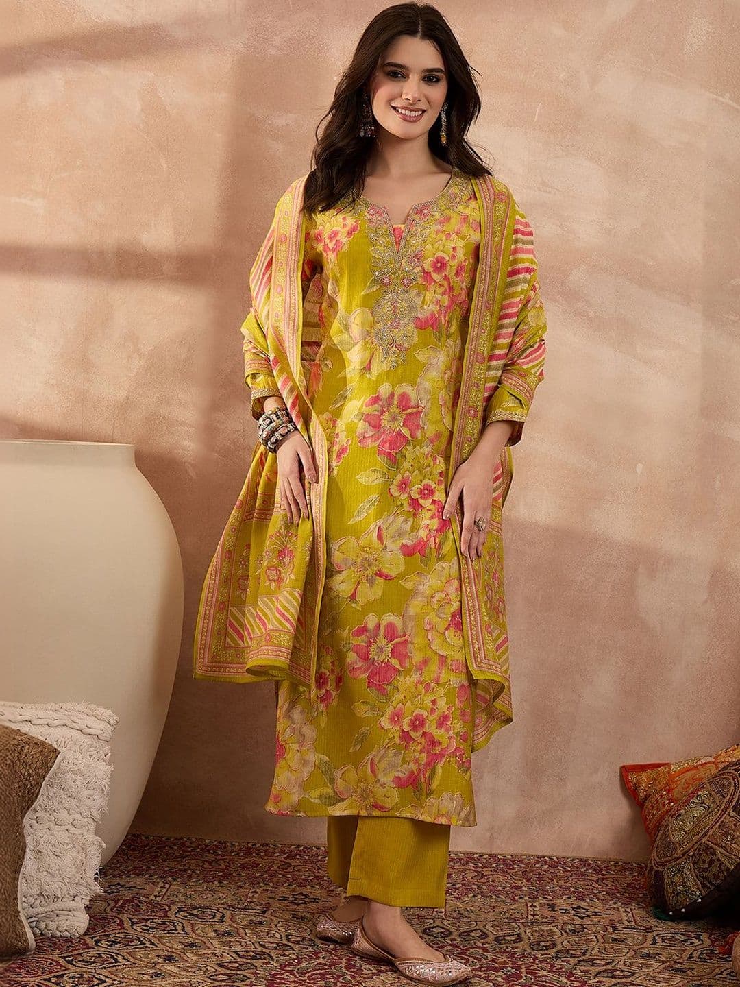 KALINI Women Floral Printed Regular Thread Work Kurta with Trousers & With Dupatta - view 1