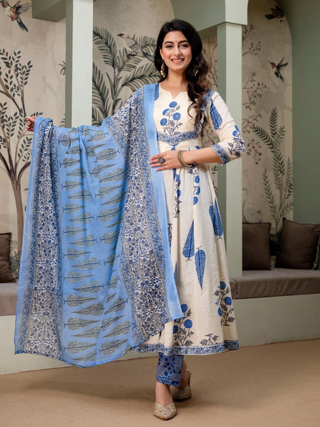 KALINI Floral Printed Panelled Anarkali Pure Cotton Kurta With Trousers & Dupatta - view 1