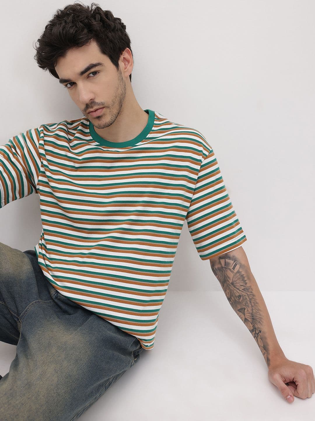 The Roadster Life Co. Striped Drop-Shoulder Sleeves Relaxed T-shirt - view 1