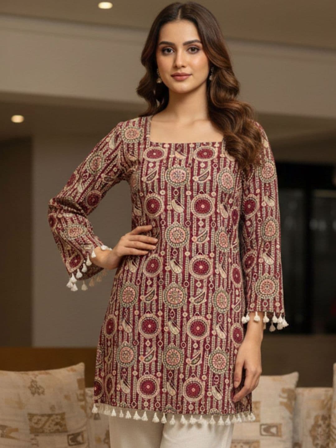 OZIA Ethnic Motifs Printed Square Neck Pure Cotton Kurti - view 1