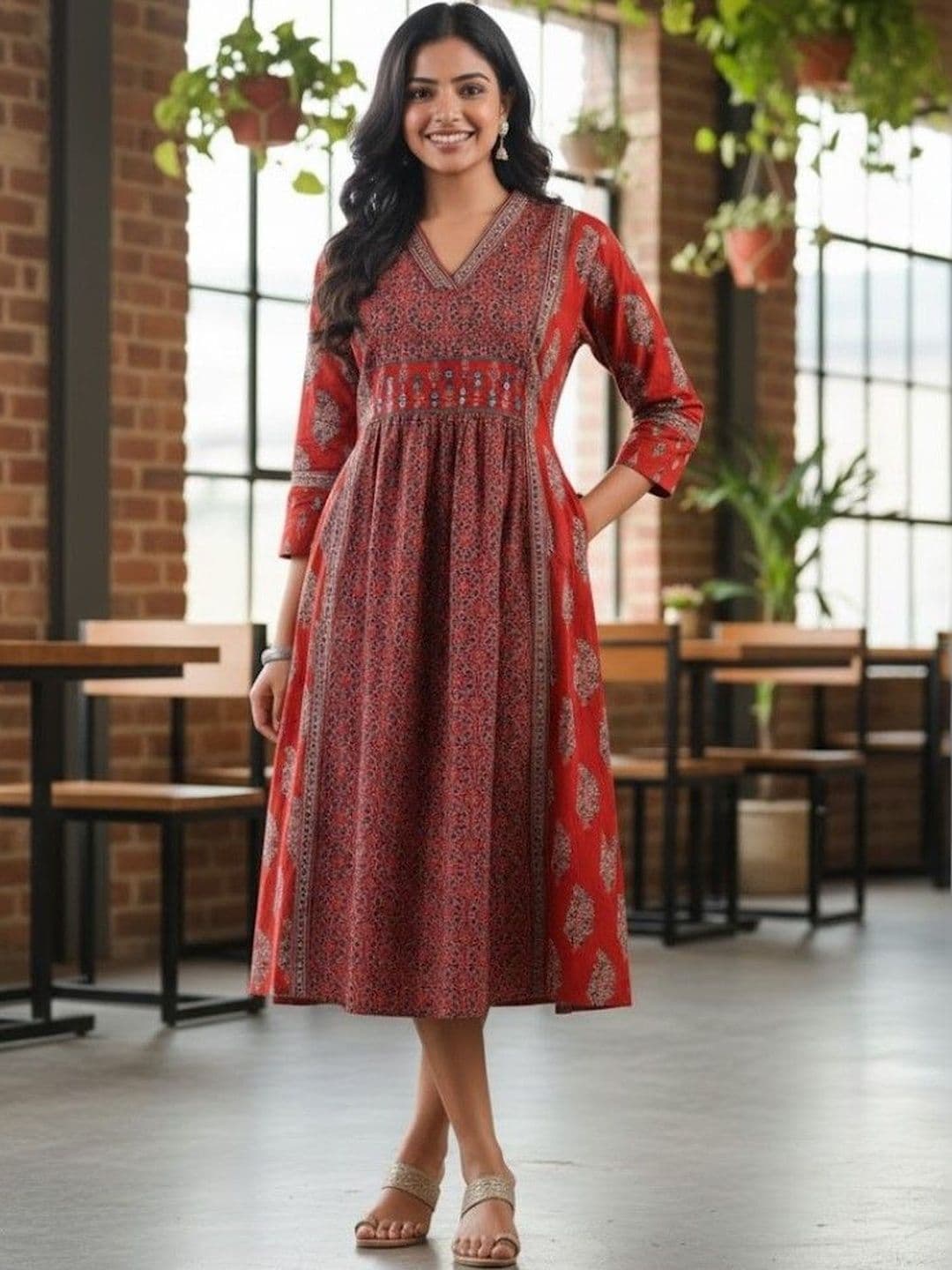 HERE&NOW Ethnic Motifs Print A-Line Midi Dress - view 1