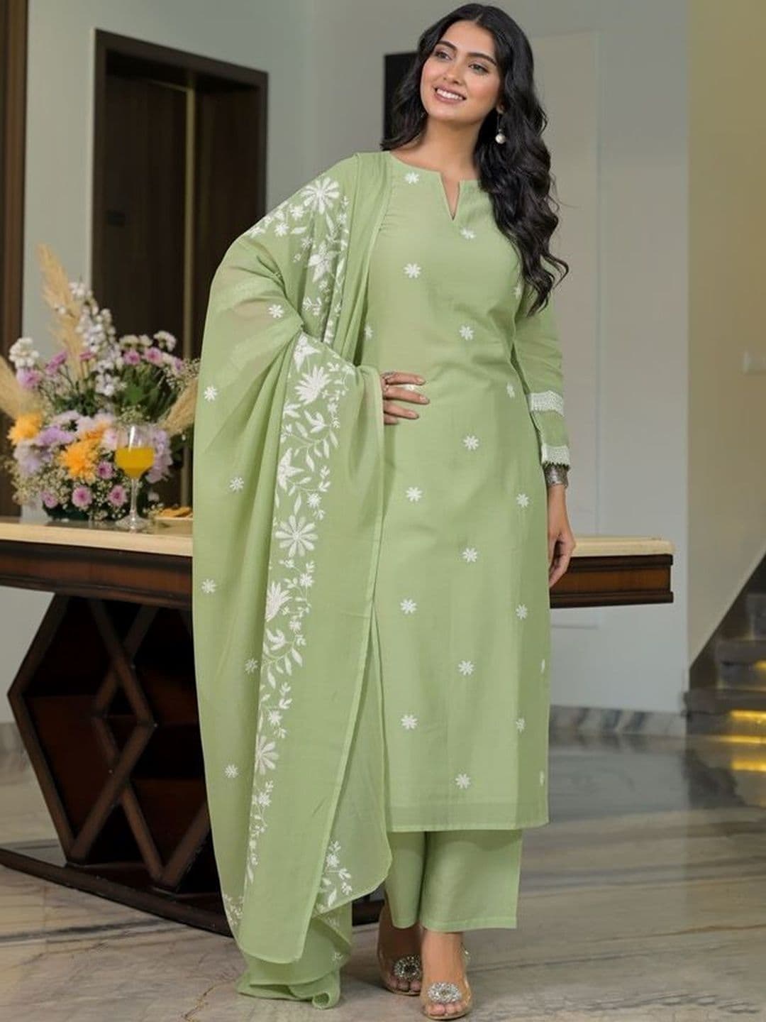 MYRIE Women Ethnic Motifs Embroidered Regular Thread Work Chanderi Cotton Kurta with Trousers & With Dupatta - view 1