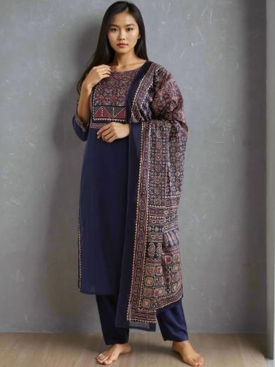 HERE&NOW Women Ethnic Motifs Embroidered Regular Thread Work Pure Cotton Kurta with Trousers & With Dupatta - view 1