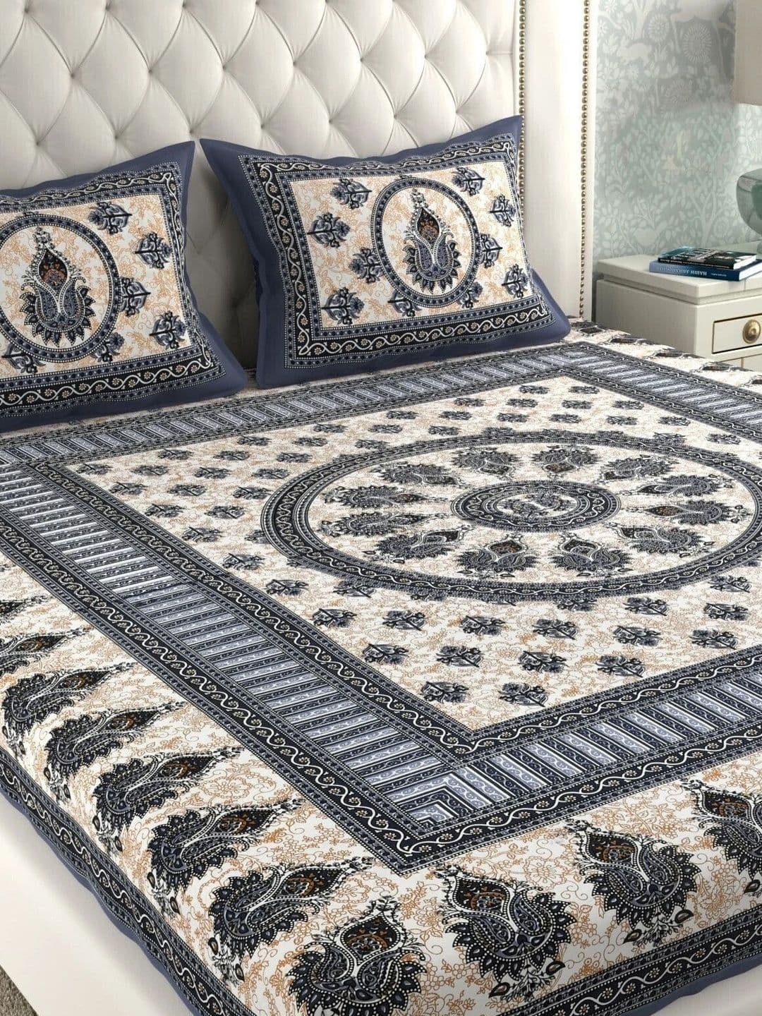 Maa Collection White Ethnic Motifs 144 TC Bedsheet with 2 Pillow Covers - view 1