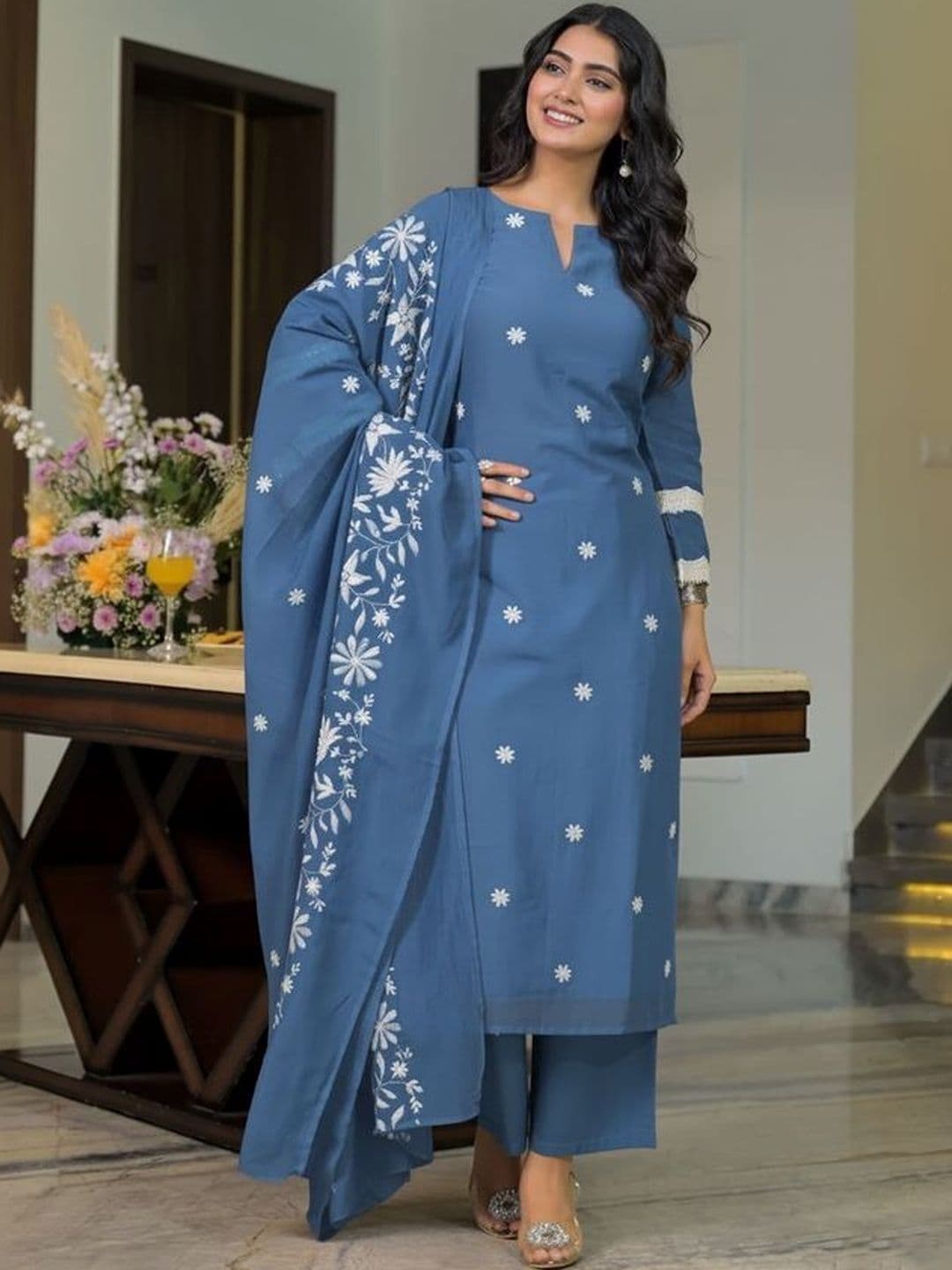MYRIE Women Ethnic Motifs Embroidered Regular Thread Work Chanderi Cotton Kurta with Palazzos & With Dupatta - view 1