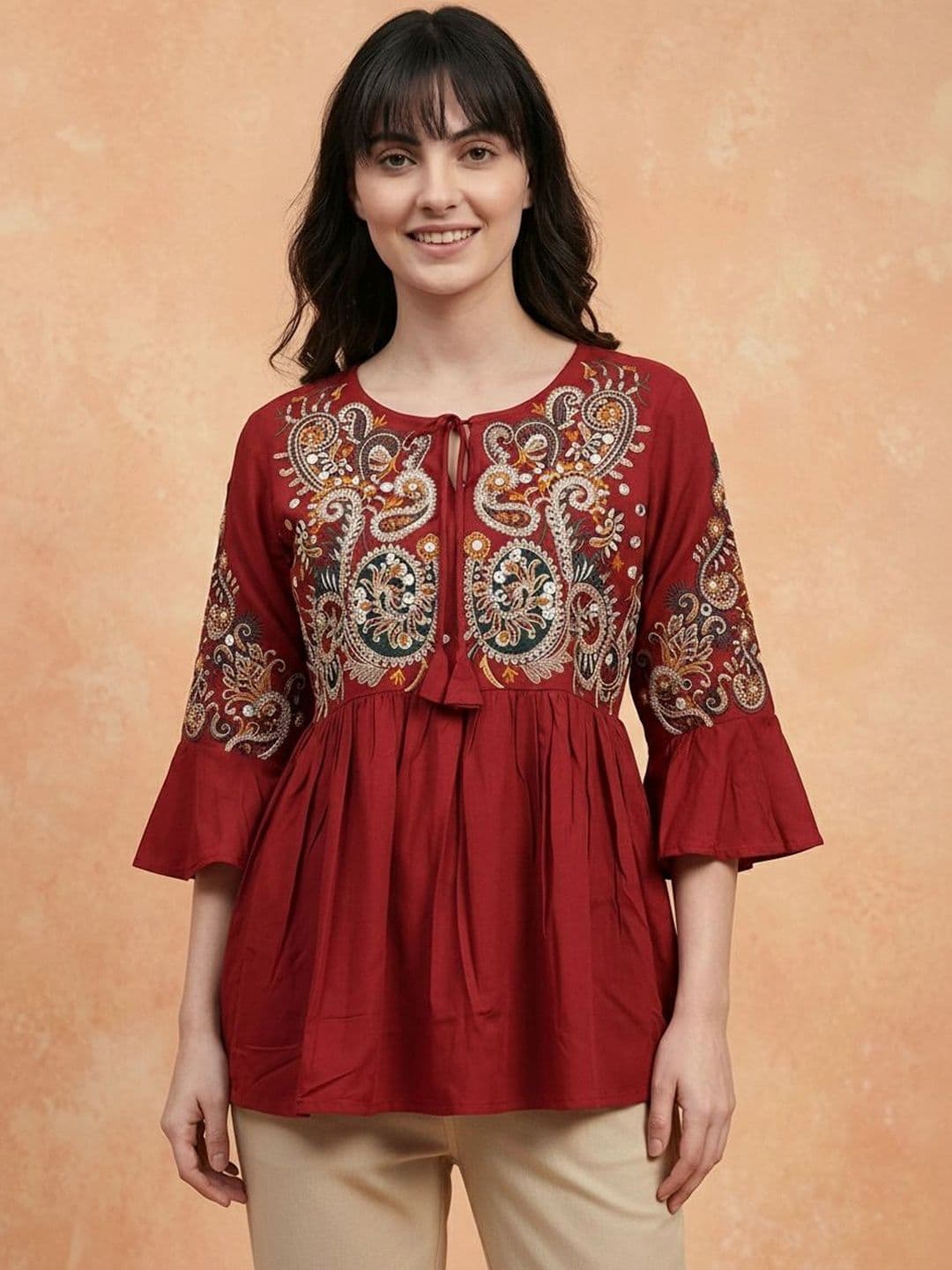 all about you Embroidered Tie-Up Neck Bell Sleeve Ethnic Cotton Top - view 1