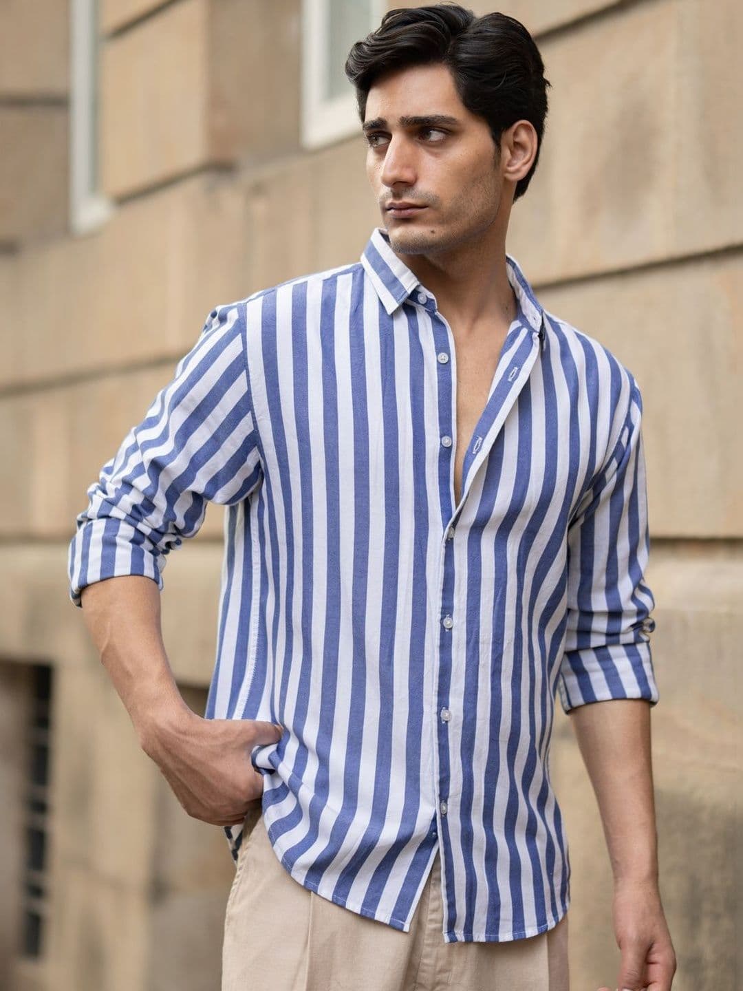 Powerlook Nautical Vertical Stripes Cotton Long Sleeves Shirt - view 1