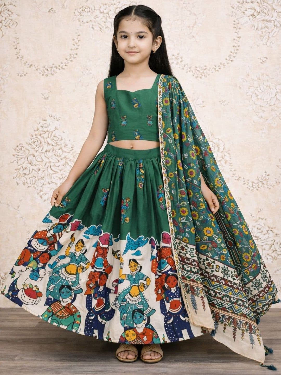 DRISHIV ENTERPRISE Girls Printed Kalamkari Ready to Wear Lehenga & Blouse With Dupatta - view 1