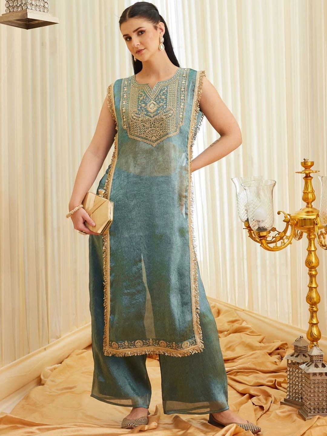 Colors of Earth Colors of Earth Silk Kurta And Spaghetti Blouse With Palazzo Set - view 1