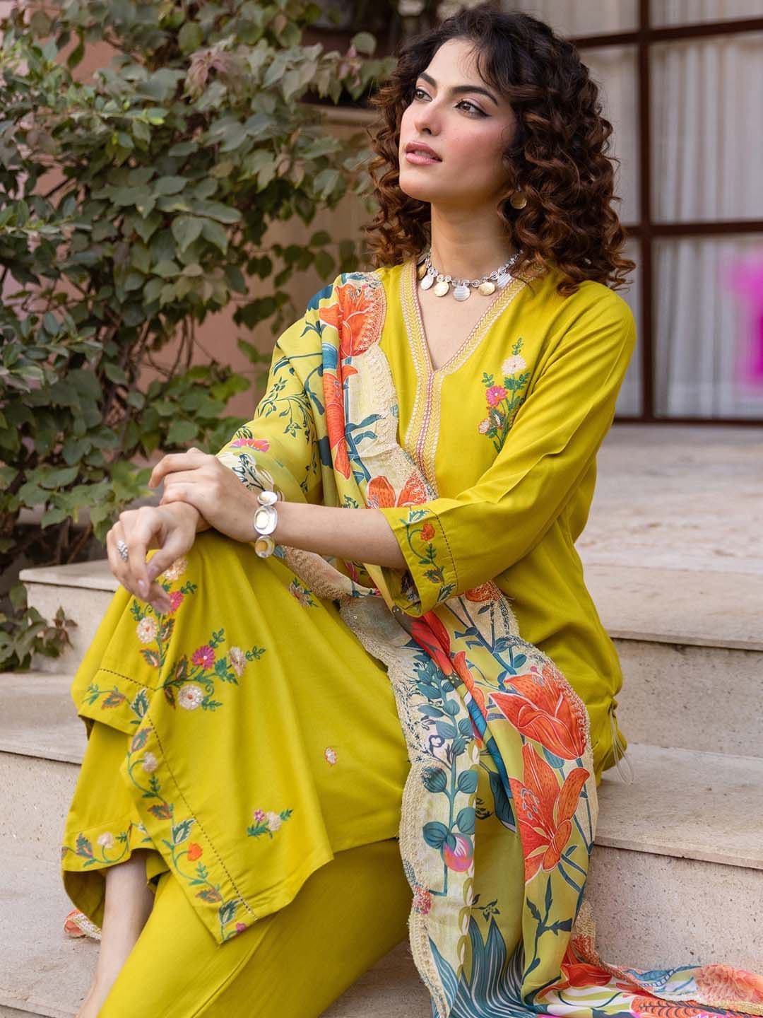 Indo Era Women Floral Embroidered Regular Thread Work Kurta with Trousers & With Dupatta - view 1