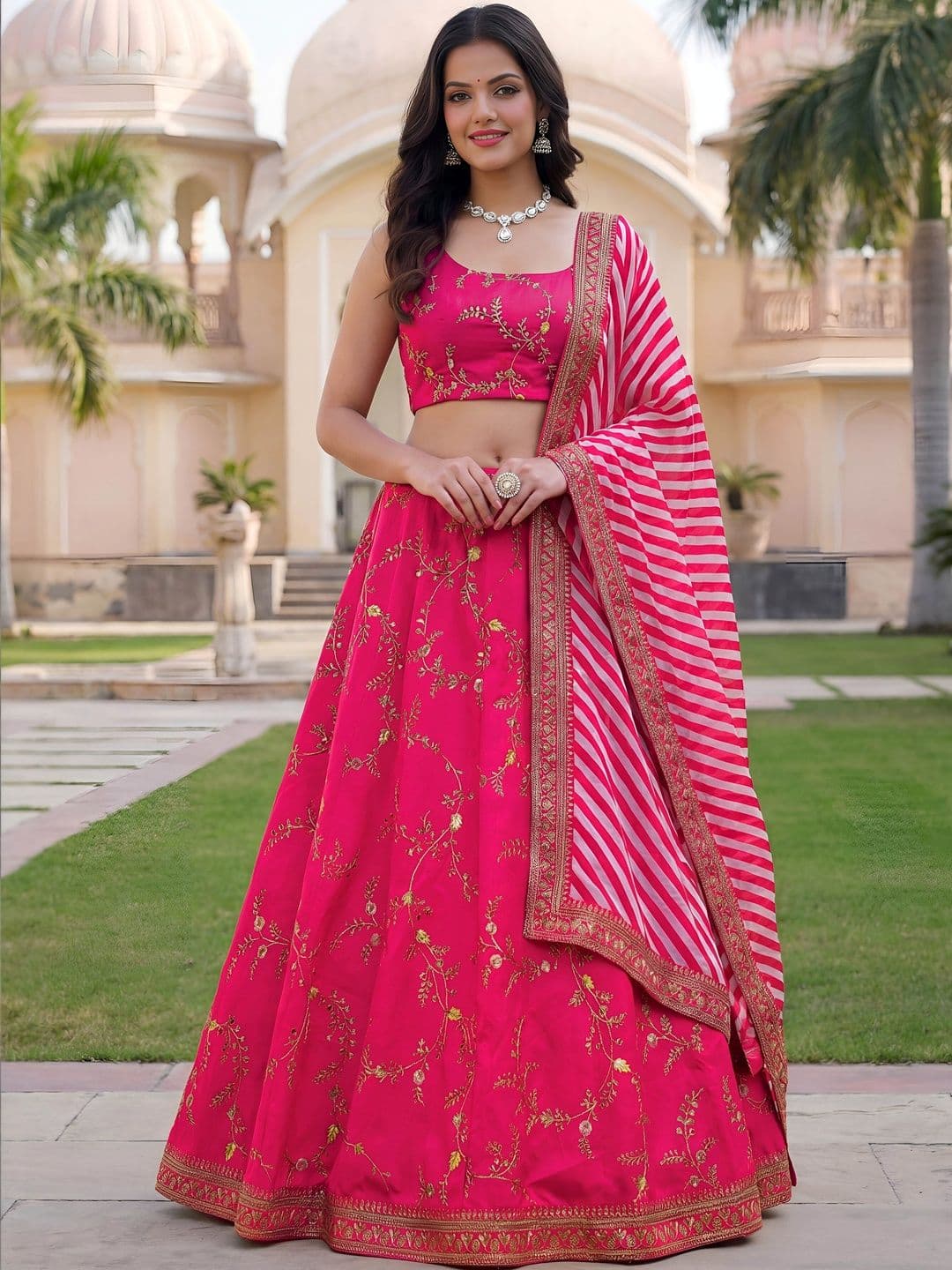 ETHNIC PLUS Sequinned Embroidered Thread Work Silk Lehenga Choli With Dupatta - view 1