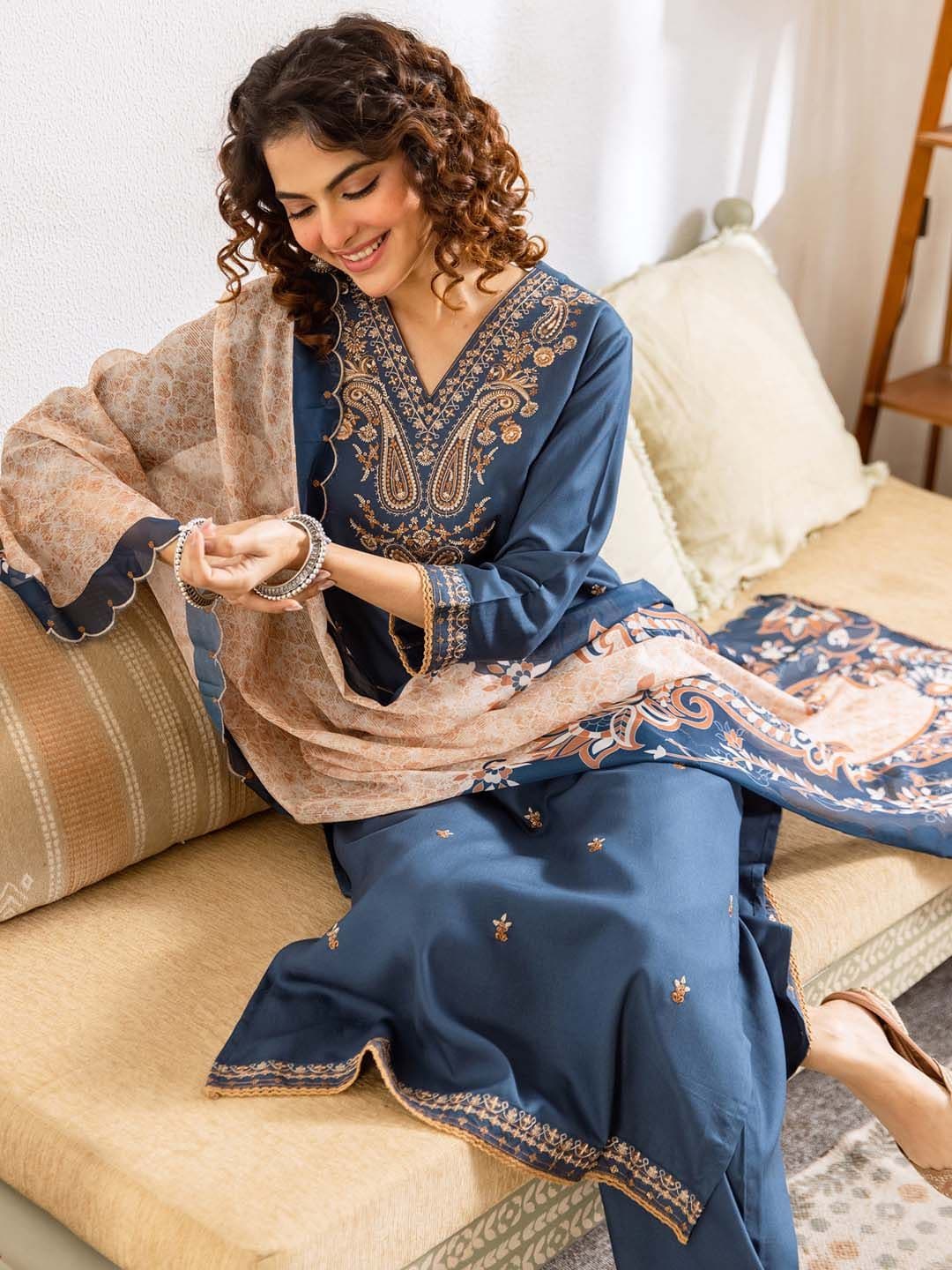 Indo Era Women Ethnic Motifs Embroidered Regular Thread Work Kurta with Trousers & With Dupatta - view 1