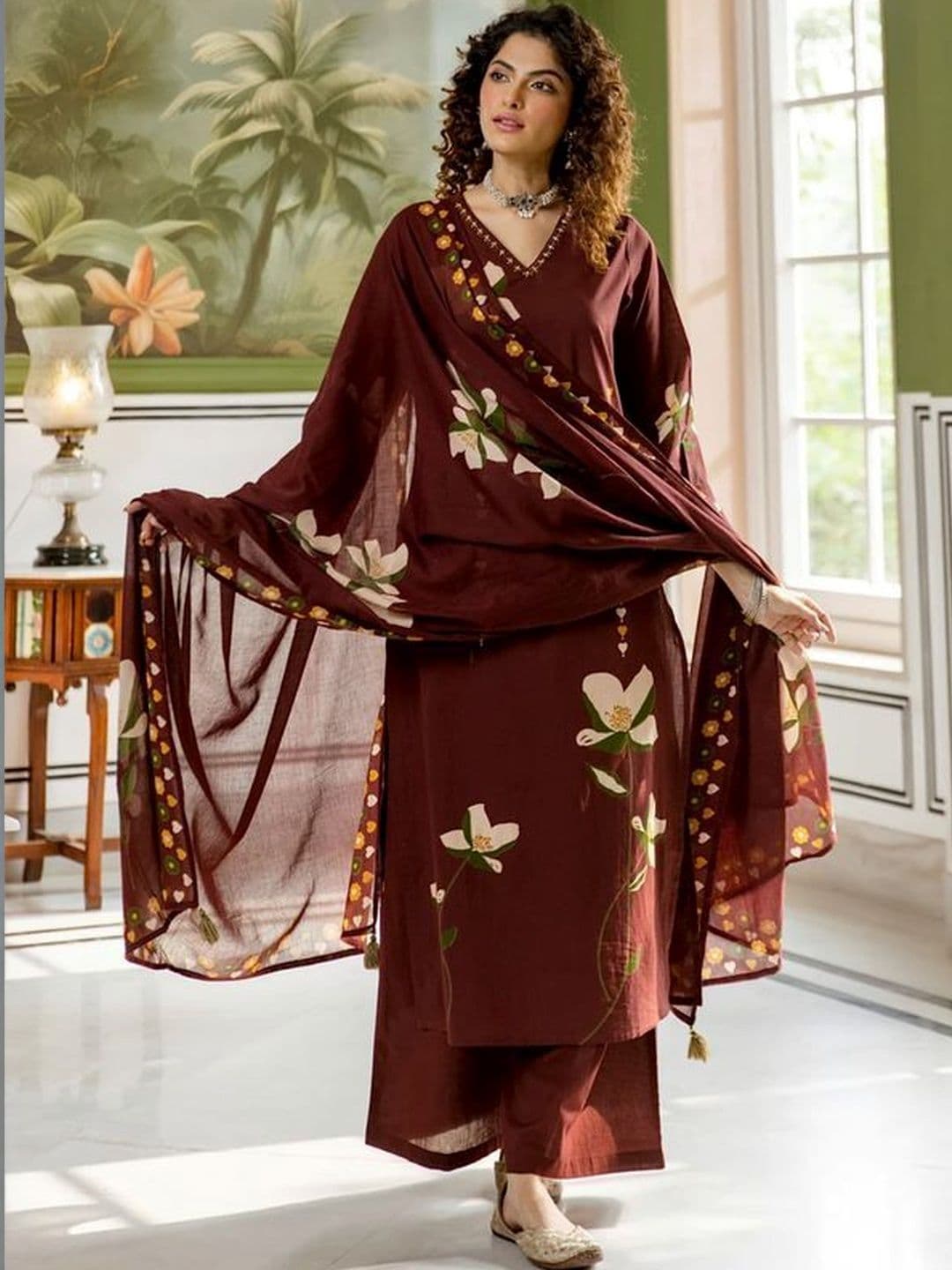 MYRIE Women Floral Printed Regular Thread Work Chanderi Cotton Kurta with Palazzos & With Dupatta - view 1