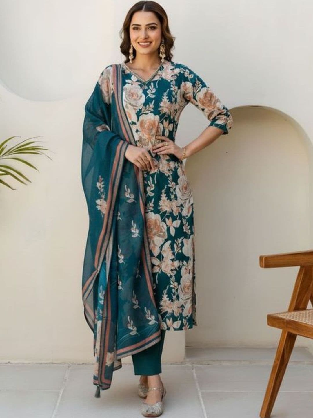 MYRIE Women Floral Printed Regular Chanderi Cotton Kurta with Trousers & With Dupatta - view 1