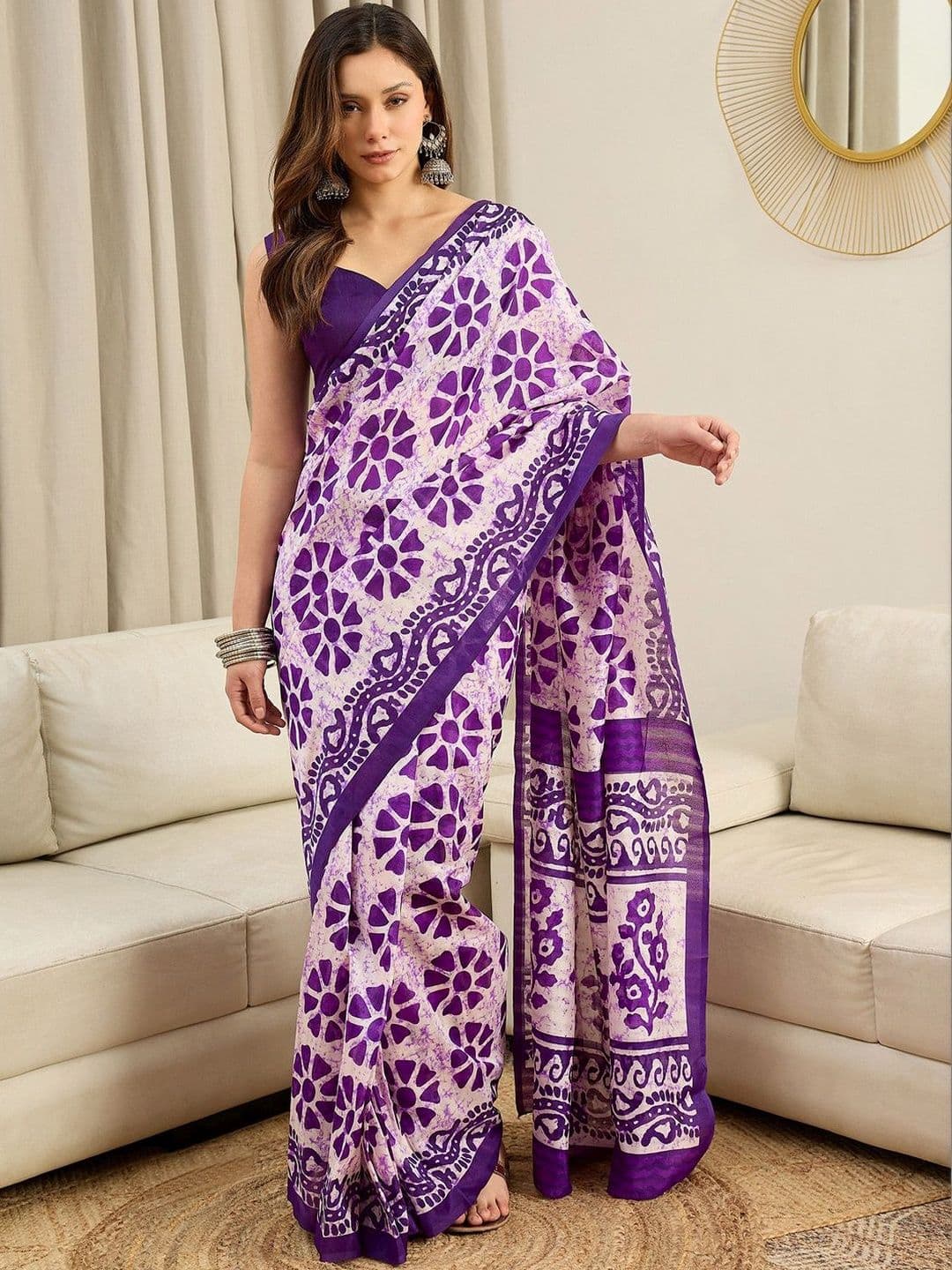 Mitera Ethnic Motifs Ready To Wear Block Printed Saree - view 1