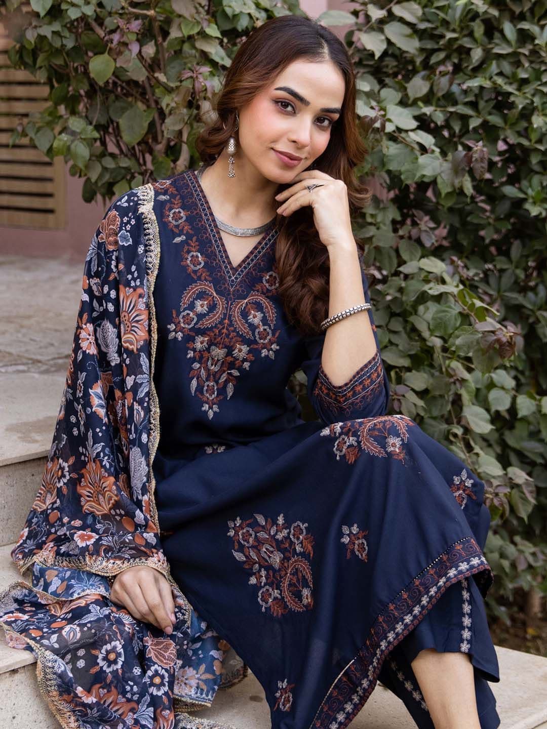 Indo Era Women Ethnic Motifs Embroidered Regular Thread Work Kurta with Trousers & With Dupatta - view 1