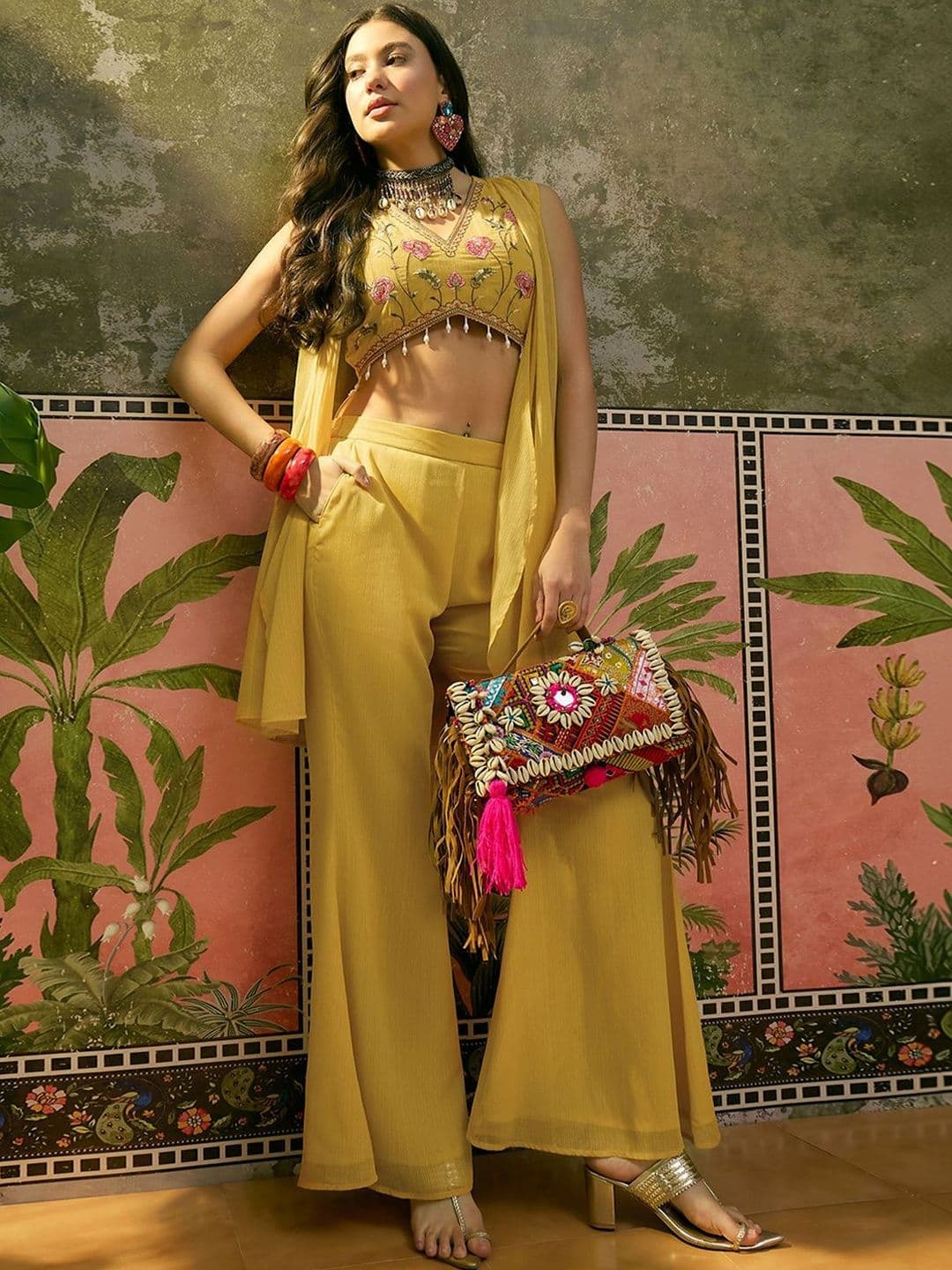 Sangria Embroidered V-Neck Top Shrug & Palazzos Co-Ords - view 1