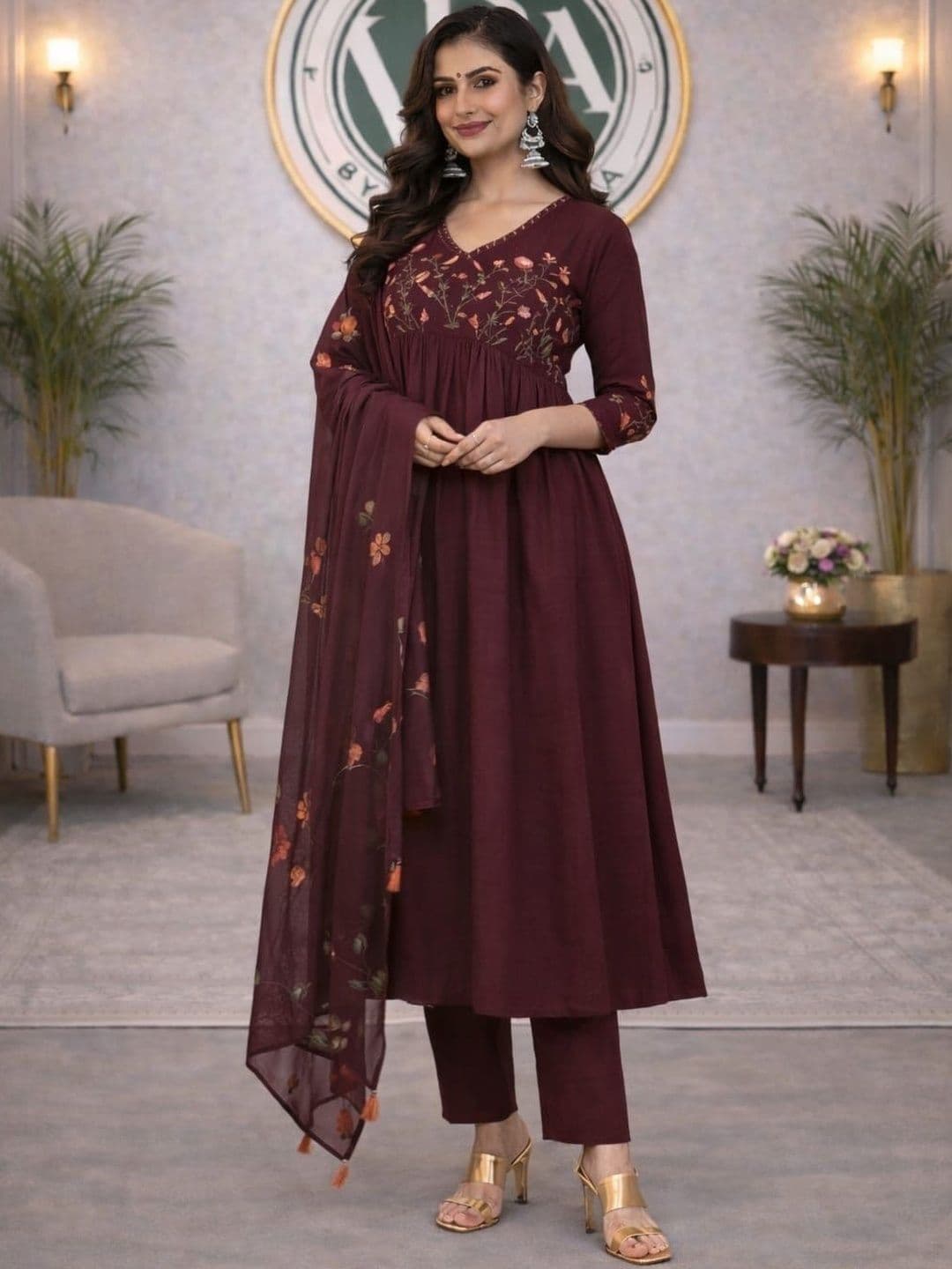 Vogue by Avantika Women Floral Embroidered Empire Thread Work Pure Cotton Kurta with Trousers & With Dupatta - view 1