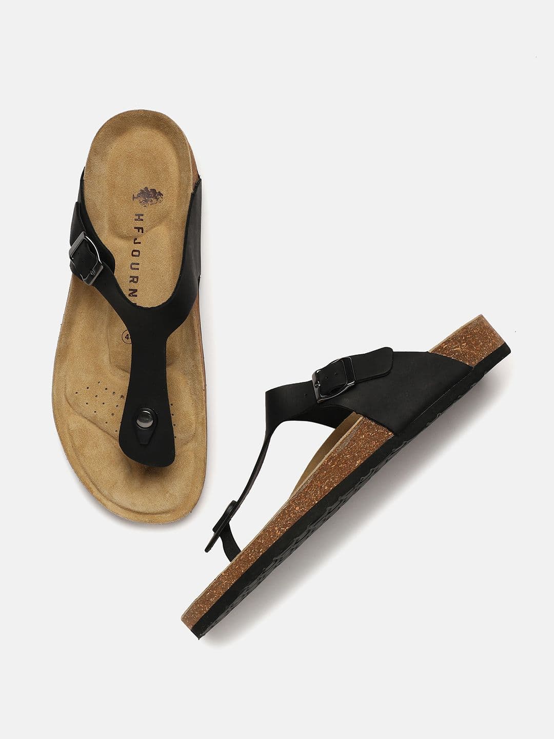 HF JOURNEY Men Black Cork Footbed Toe-Post Sandals with Adjustable Buckle - view 1