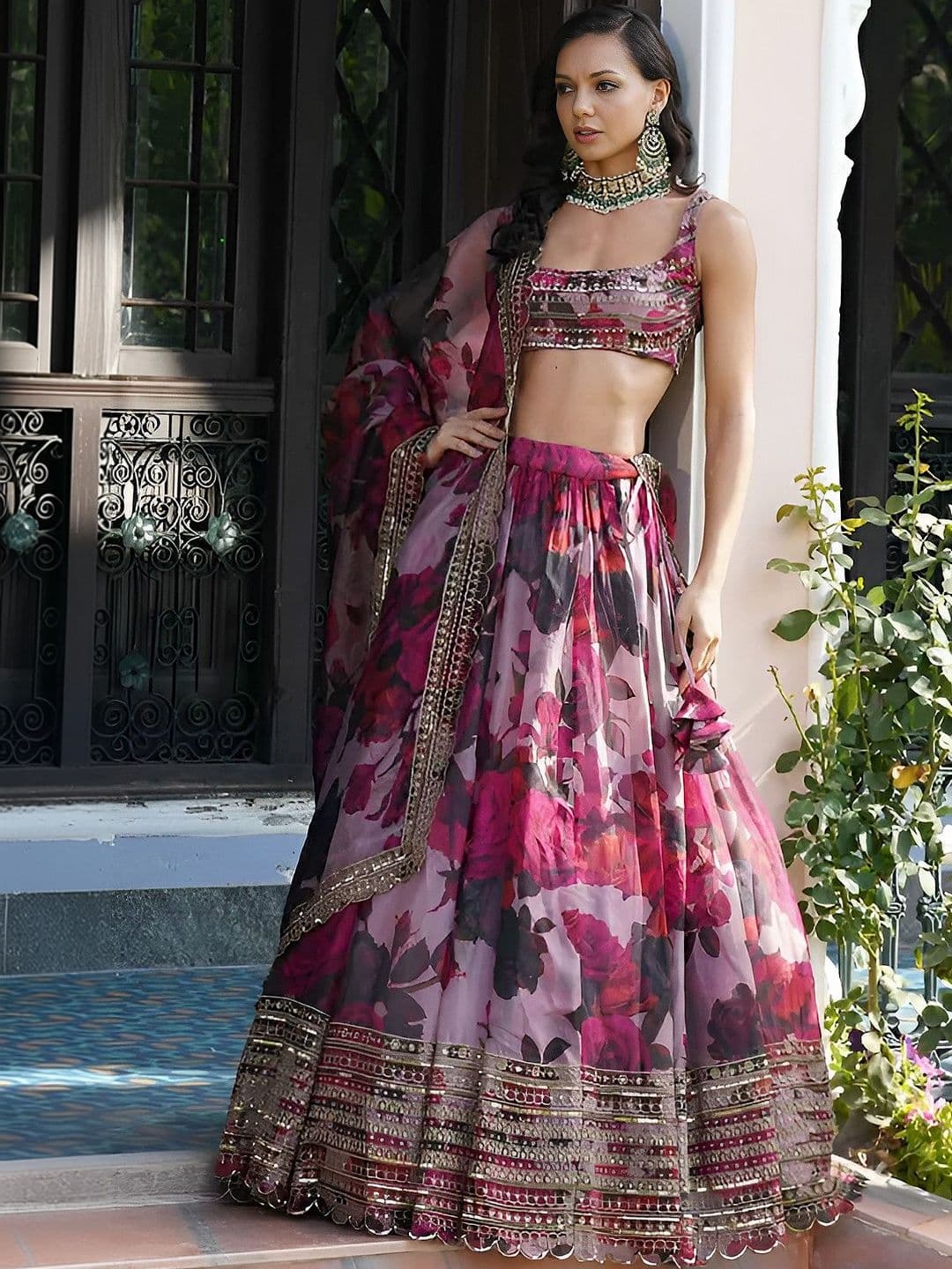 ETHNIC PLUS Sequinned Embroidered Printed Organza Lehenga Choli With Dupatta - view 1