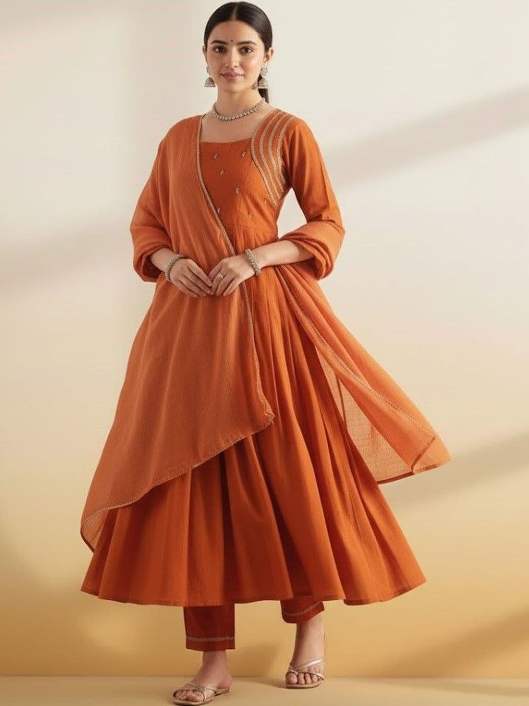 HERE&NOW Women Ethnic Motifs Embroidered Empire Thread Work Pure Cotton Kurta with Trousers & With Dupatta - view 1