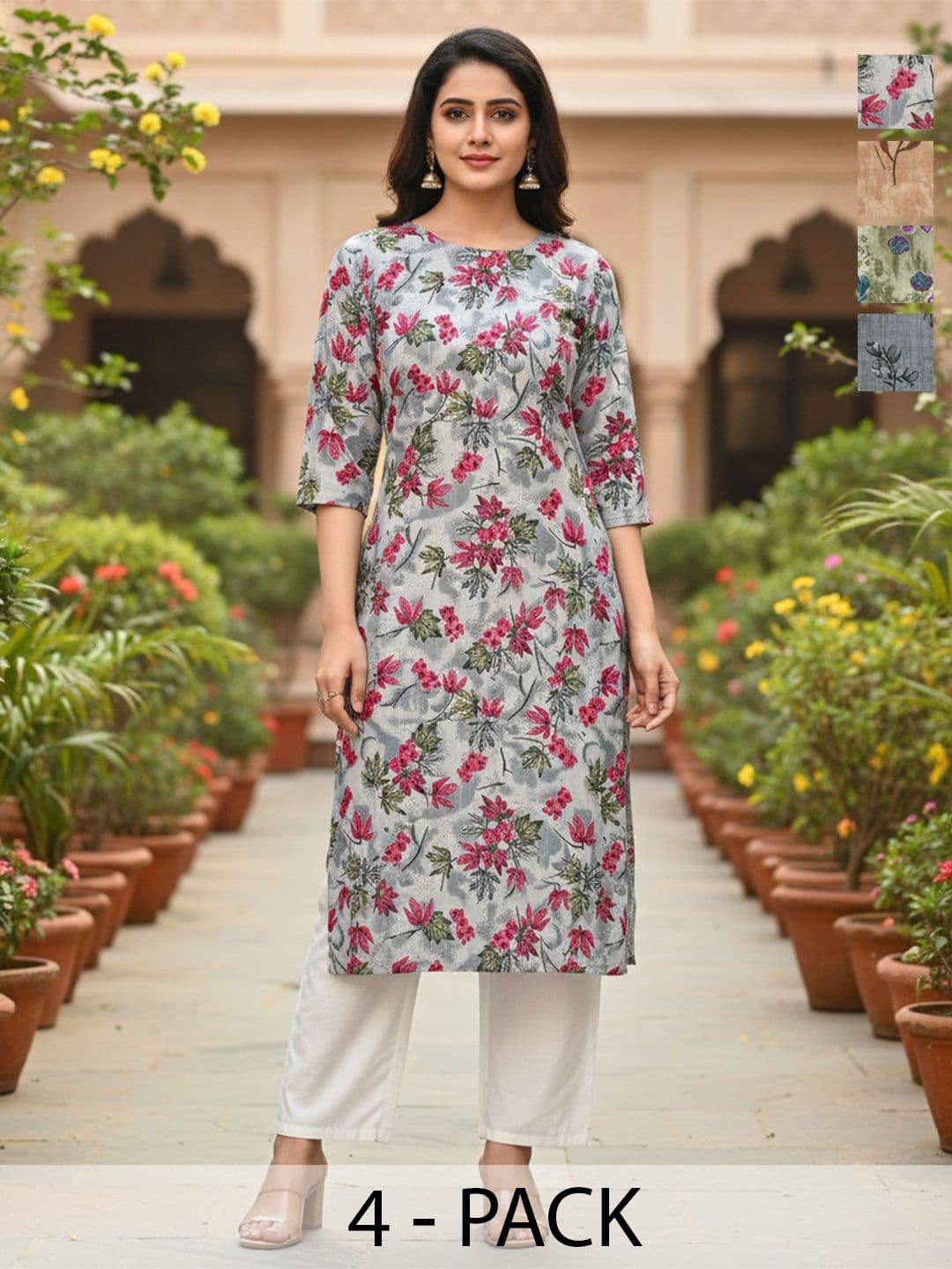 JANKHANA Pack Of 4 Geometric Straight Kurtas - view 1