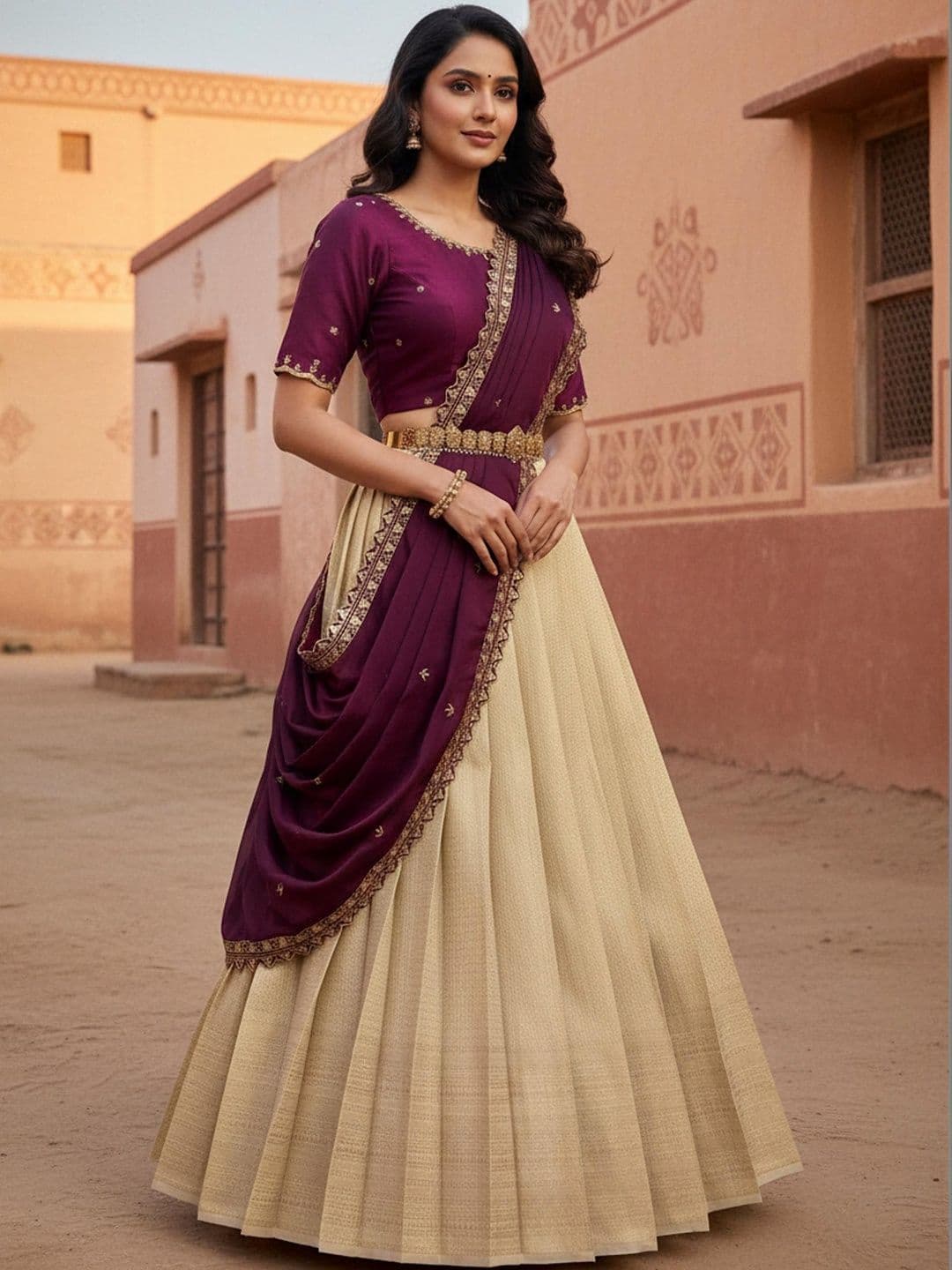 Pink Bindi Embroidered Sequinned Unstitched Lehenga & Blouse With Dupatta - view 1