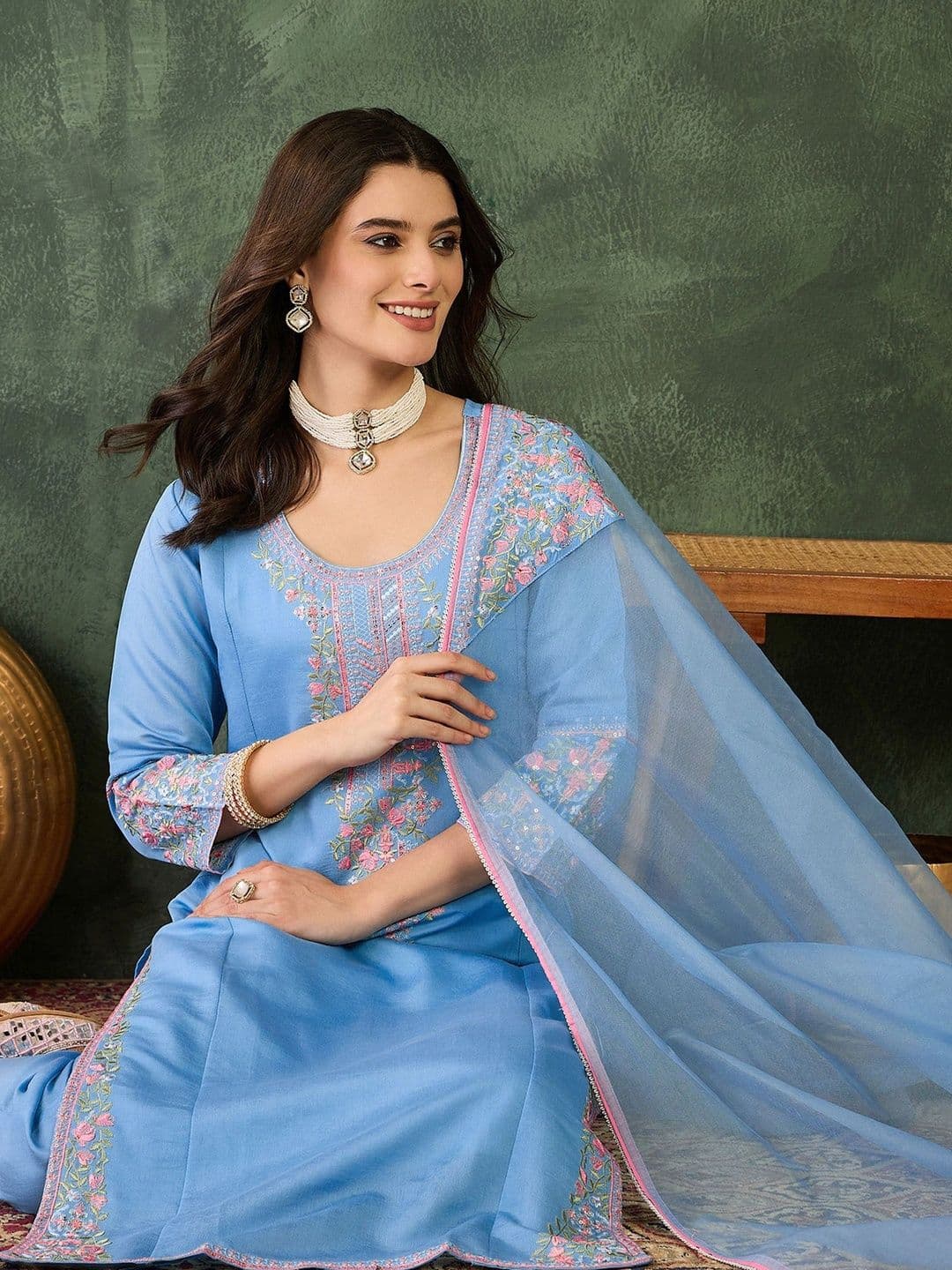 Sangria Embroidered Round Neck Kurta Trousers & Dupatta - view 1