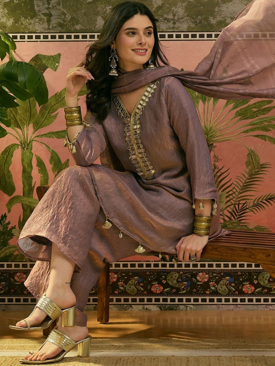 Sangria Embroidered V-Neck Kurta Palazzos & Dupatta - view 1