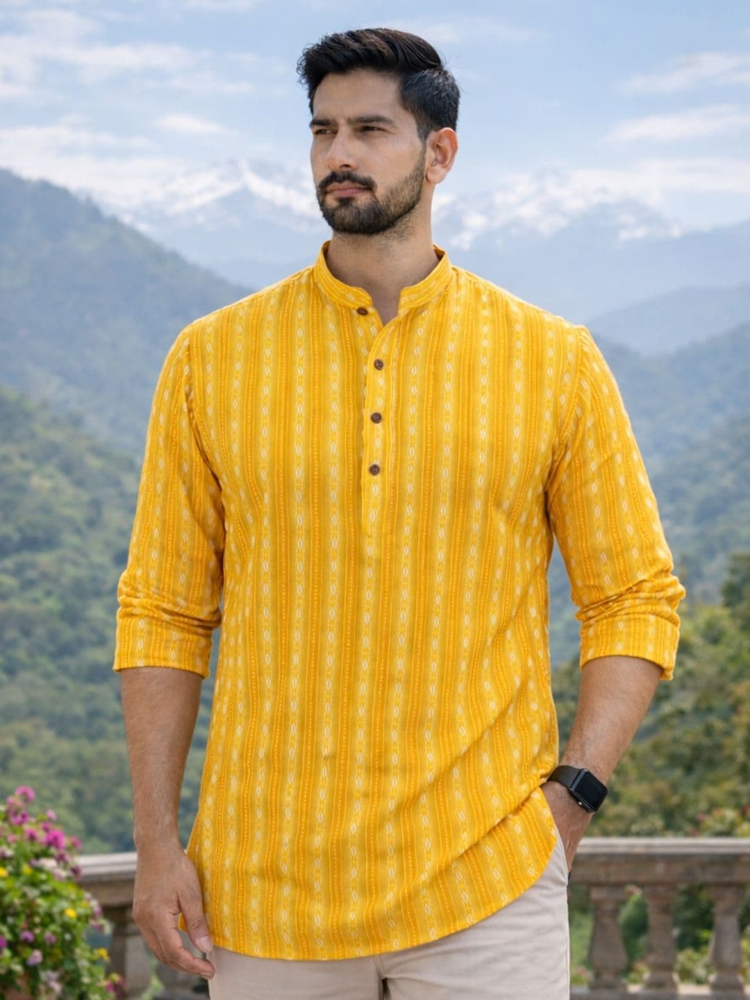 LADSLOOM Men Yellow Striped Mandarin Collar Cotton Kurta