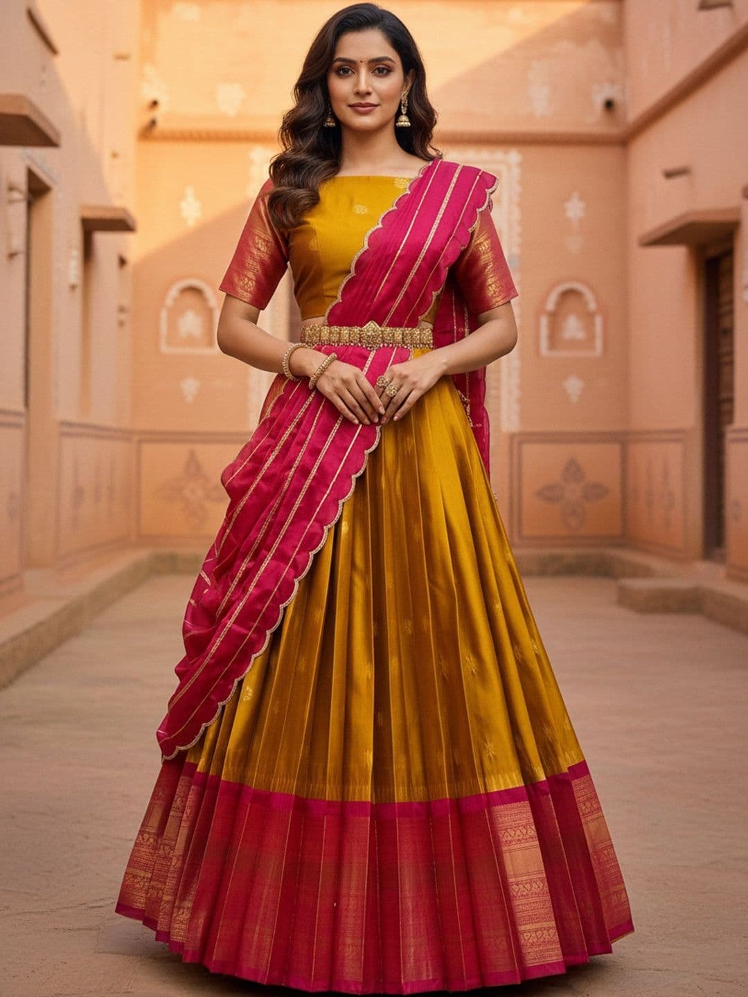 Pink Bindi Embroidered Unstitched Lehenga & Blouse With Dupatta - view 1
