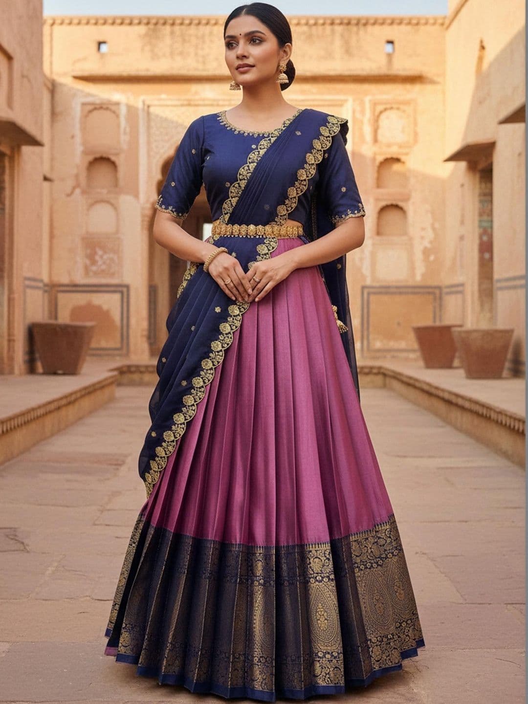 Pink Bindi Embellished Unstitched Lehenga & Blouse With Dupatta - view 1