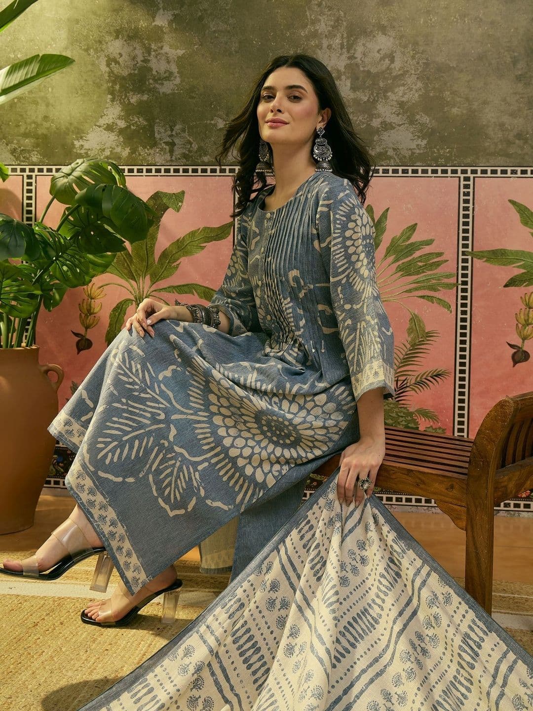 Sangria Printed Round Neck Kurta Trousers & Dupatta - view 1