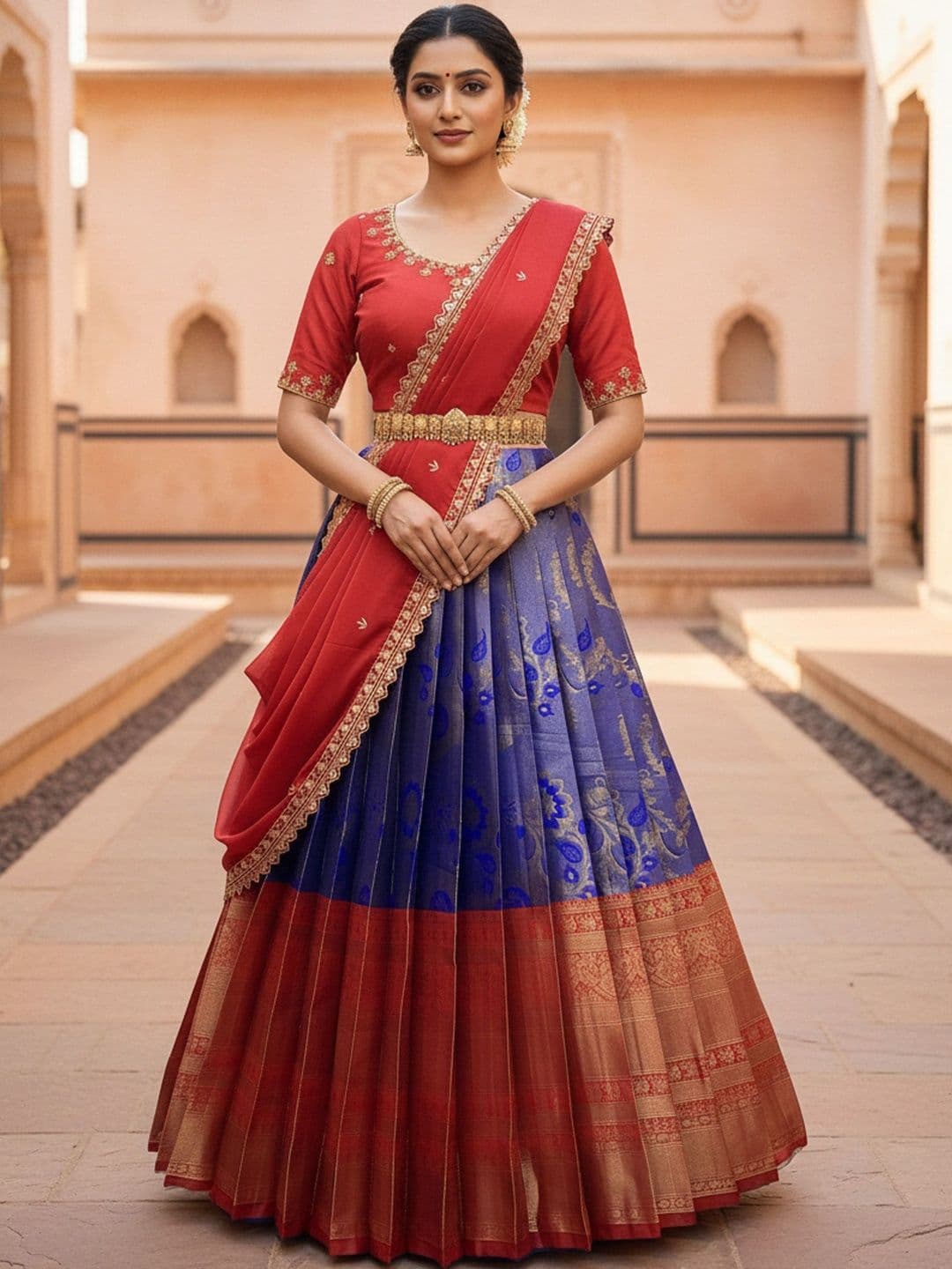 Pink Bindi Embroidered Unstitched Lehenga & Blouse With Dupatta - view 1