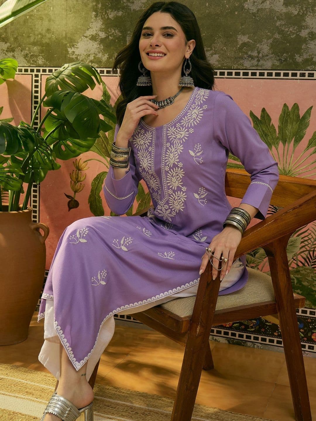 Sangria Embroidered Round Neck Straight Kurta - view 1