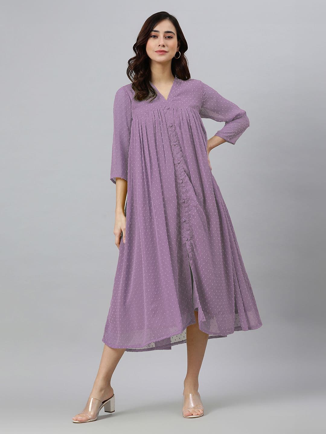 Janasya Women Lavender Dobby Chiffon Self Design Flared Kurta - view 1